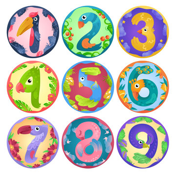 Stickers from numbers like birds in fairy style / There are numbers from one to nine in fairy style like different birds. Each number places separately in round shape with border
