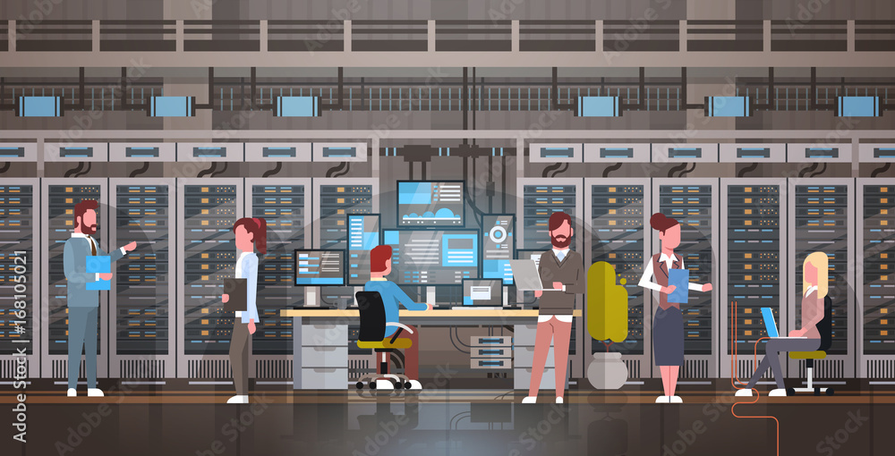Poster People Working In Data Center Room Hosting Server Computer Monitoring Information Database Flat Vector Illustration