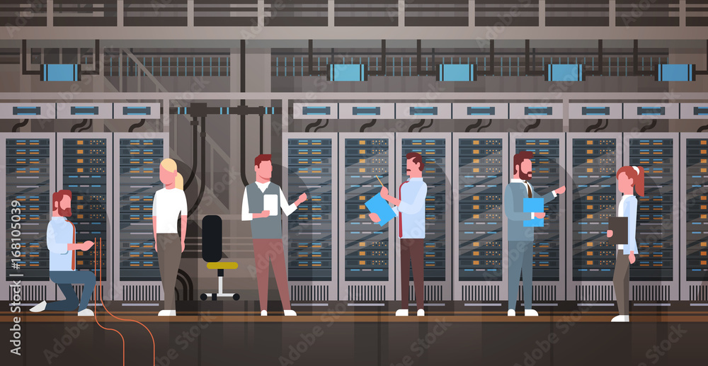 Poster People Working In Data Center Room Hosting Server Computer Monitoring Information Database Flat Vector Illustration