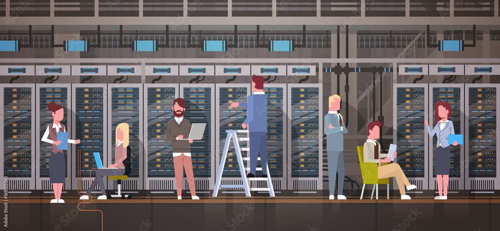 Poster People Working In Data Center Room Hosting Server Computer Monitoring Information Database Flat Vector Illustration