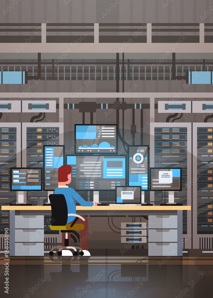 Poster Man Working In Data Center Room Hosting Server Computer Monitoring Information Database Flat Vector Illustration