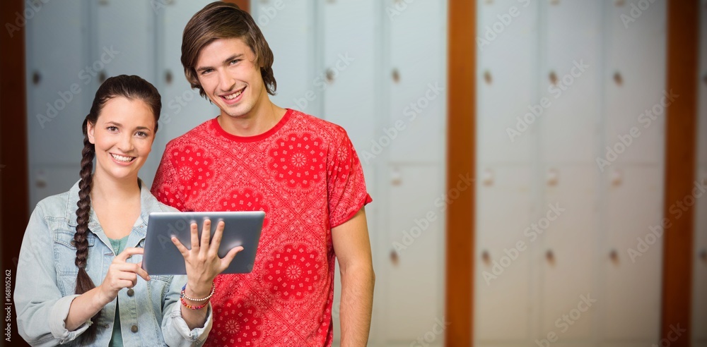 Poster composite image of smiling classmates with tablet pc