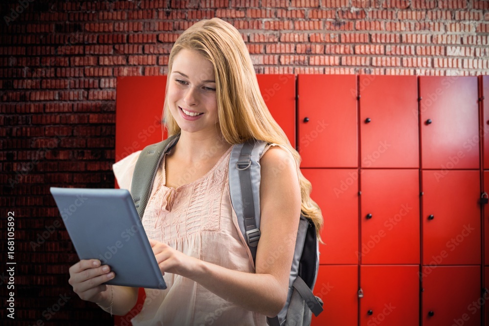 Poster composite image of happy student using tablet