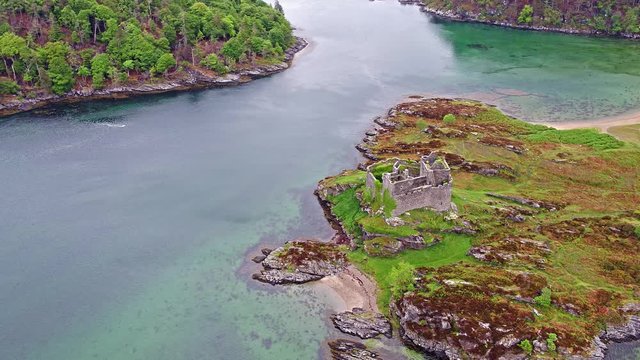 Aerial view of the old ruined Castle in the Highlands of Scotland