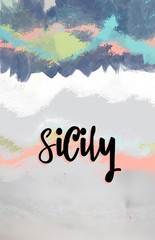 Sicily greeting card: calligraphic text on a fresh and colorful design.