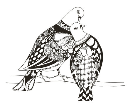 Two birds are sitting on a tree branch, zentangle stylized pigeons, vector, illustration, love. Anti stress coloring books for kids and adults.