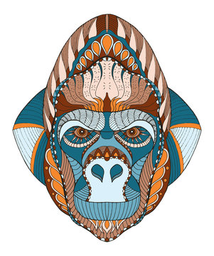 Gorilla head zentangle stylized, vector, illustration, freehand pencil, hand drawn, pattern.