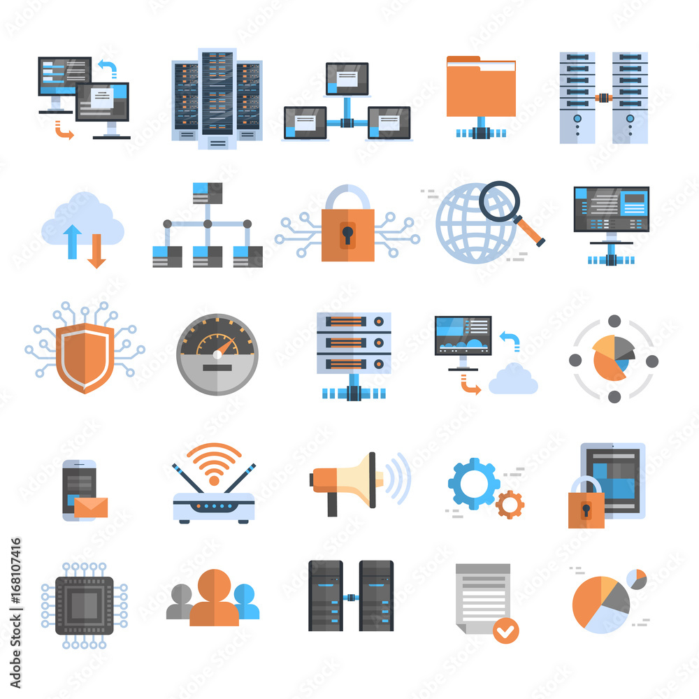 Poster data connection icons set cloud computer protection database synchronize technology concept vector i