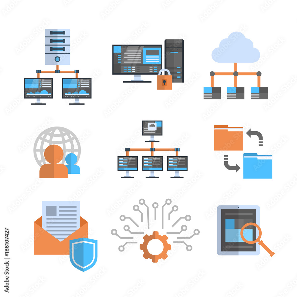 Poster Data Connection Icons Set Cloud Computer Protection Hosting Server Database Synchronize Technology Concept Vector Illustration
