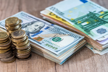 dollar and euro banknote with coin. close up