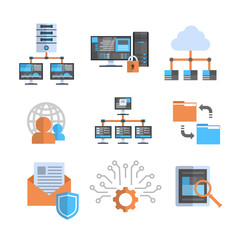Data Connection Icons Set Cloud Computer Protection Hosting Server Database Synchronize Technology Concept Vector Illustration