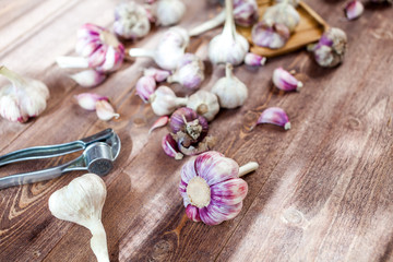 Garlic Cloves Garlic Bulb and Garlic Press on a wooden vintage rustic table.