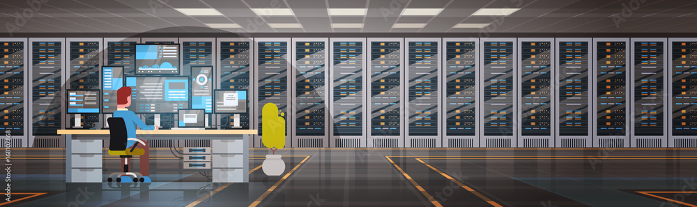 Poster People Working In Data Center Room Hosting Server Computer Monitoring Information Database Flat Vector Illustration