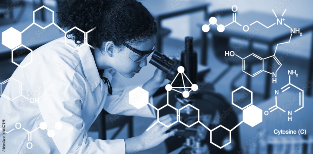 Poster composite image of digitally generated image of chemical structu