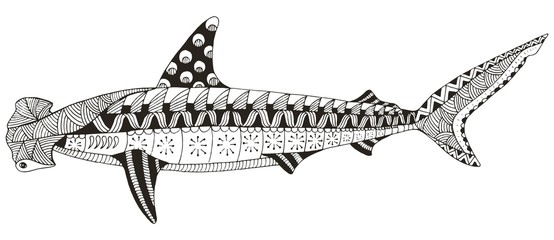 Naklejka premium Hammerhead shark zentangle stylized, vector, illustration, pattern, freehand pencil, hand drawn. Anti stress coloring books for kids and adults.