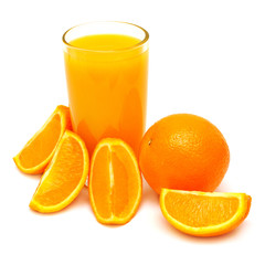 Orange juice in a glass and oranges isolated on white background. A healthy and nutritious food for...