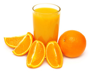 Orange juice in a glass and oranges isolated on white background. A healthy and nutritious food for health after training in sports for burning fat. Flat lay, top view