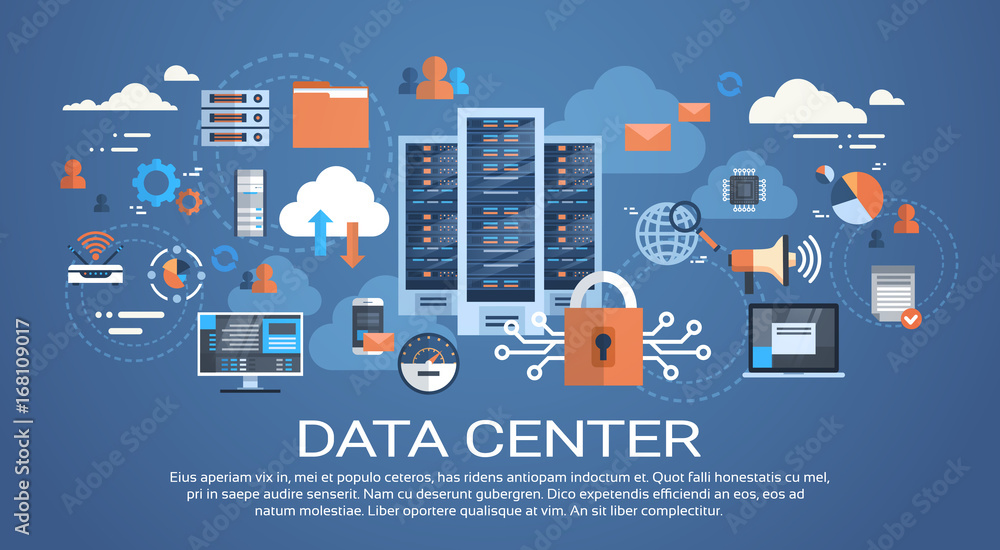 Poster Data Center Cloud Computer Connection Hosting Server Database Synchronize Technology Vector Illustration