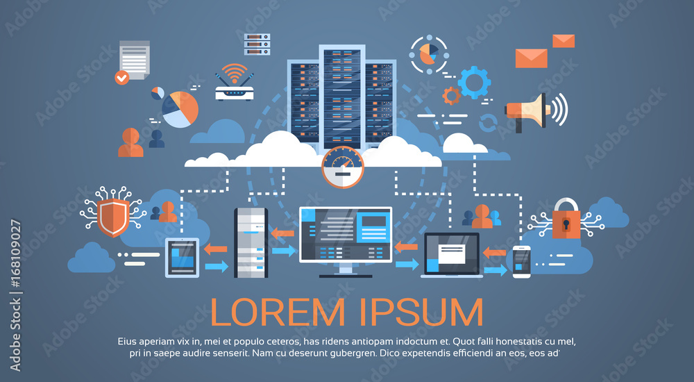 Poster Data Center Cloud Computer Connection Hosting Server Database Synchronize Technology Vector Illustration