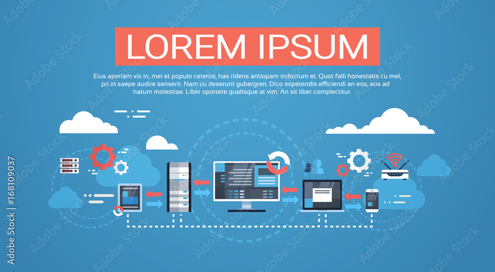 Poster Data Center Cloud Computer Connection Hosting Server Database Synchronize Technology Vector Illustration