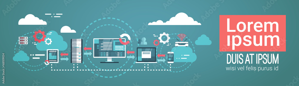 Poster Data Center Cloud Computer Connection Hosting Server Database Synchronize Technology Vector Illustration
