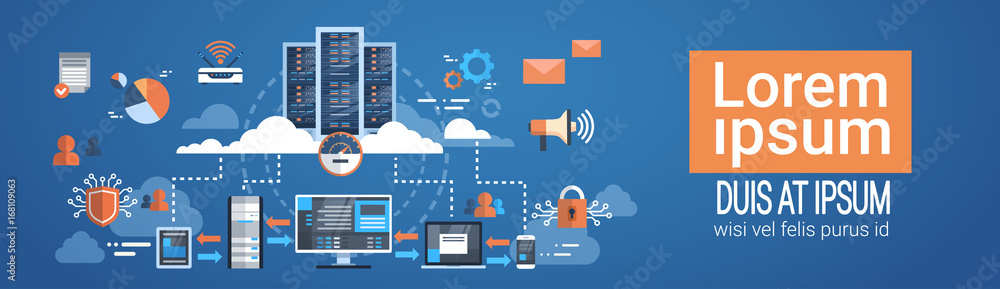 Fototapete data center cloud computer connection hosting server database synchronize technology vector illustra