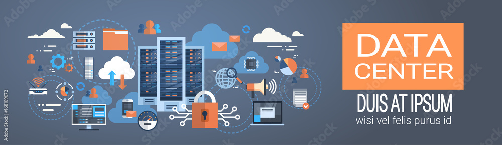 Poster Data Center Cloud Computer Connection Hosting Server Database Synchronize Technology Vector Illustration
