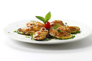 Baked New Zealand Mussels Six Pieces with Cheese on White Round Dish, Isolated on White Background with Shadow. Low Angle Side View, Selective Focus at Food.