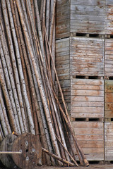 Baumstämme und gestapelte Holzkisten