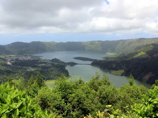 Fototapeta na wymiar Magnificent view of the double lake Sete Cidades (Lagoa Verde and Lagoa Azul). San Miguel. Azores