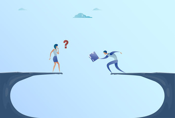 Businessman And Businesswoman Giving Documents Over Cliff Gap Mountain Business People Cooperation Help Teamwork Concept Flat Vector Illustration