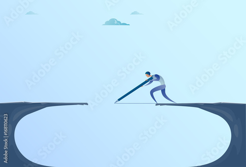 Businessman Drawing Bridge Walking Over Cliff Gap Mountain Business Man Risk Concept Flat Vector Illustration Businessman Drawing Bridge Walking Over Cliff Gap Mountain Business Man Risk Concept Flat Vector Illustration