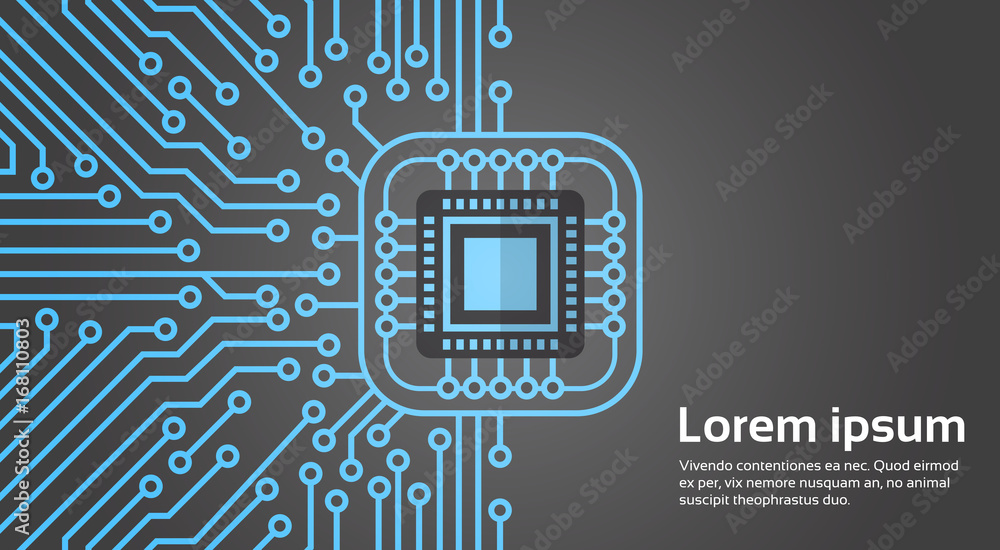 Poster computer chip moterboard network data center system concept banner vector illustration