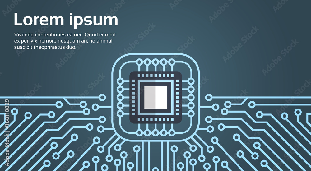 Poster computer chip moterboard network data center system concept banner vector illustration