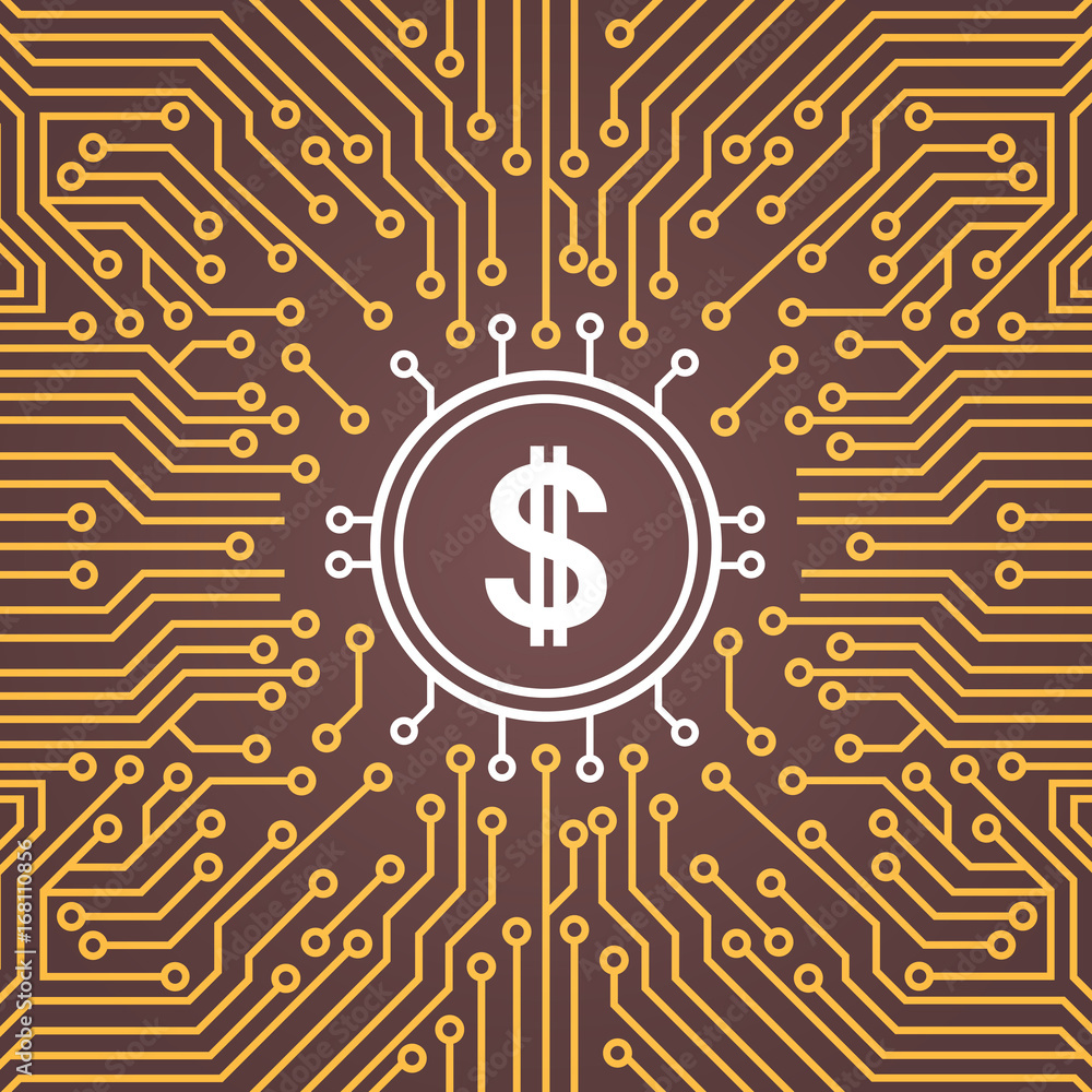 Aufkleber dolar sign over computer chip moterboard backgroung network data center system concept banner vector