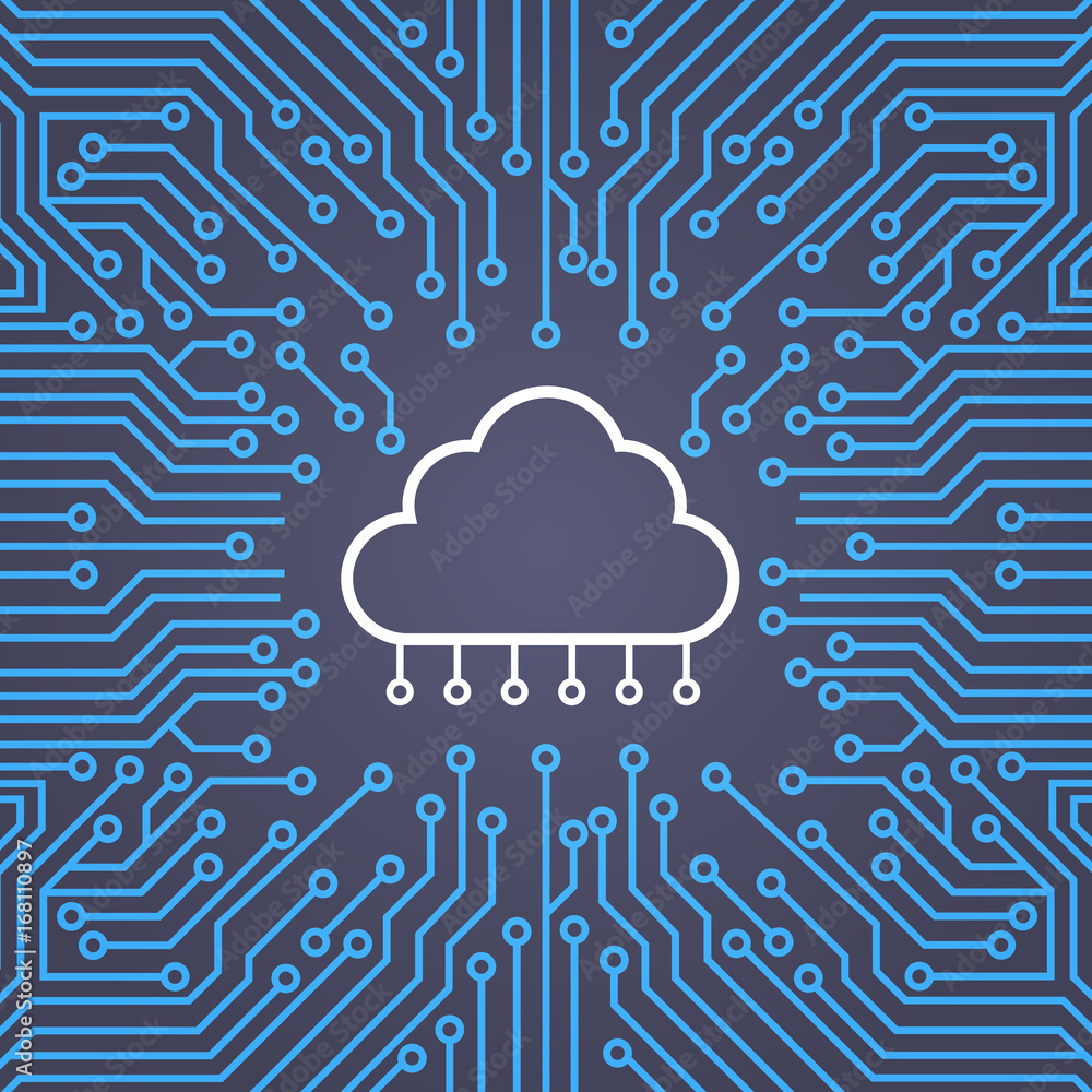 Poster cloud database over computer chip moterboard background data center system concept banner vector ill