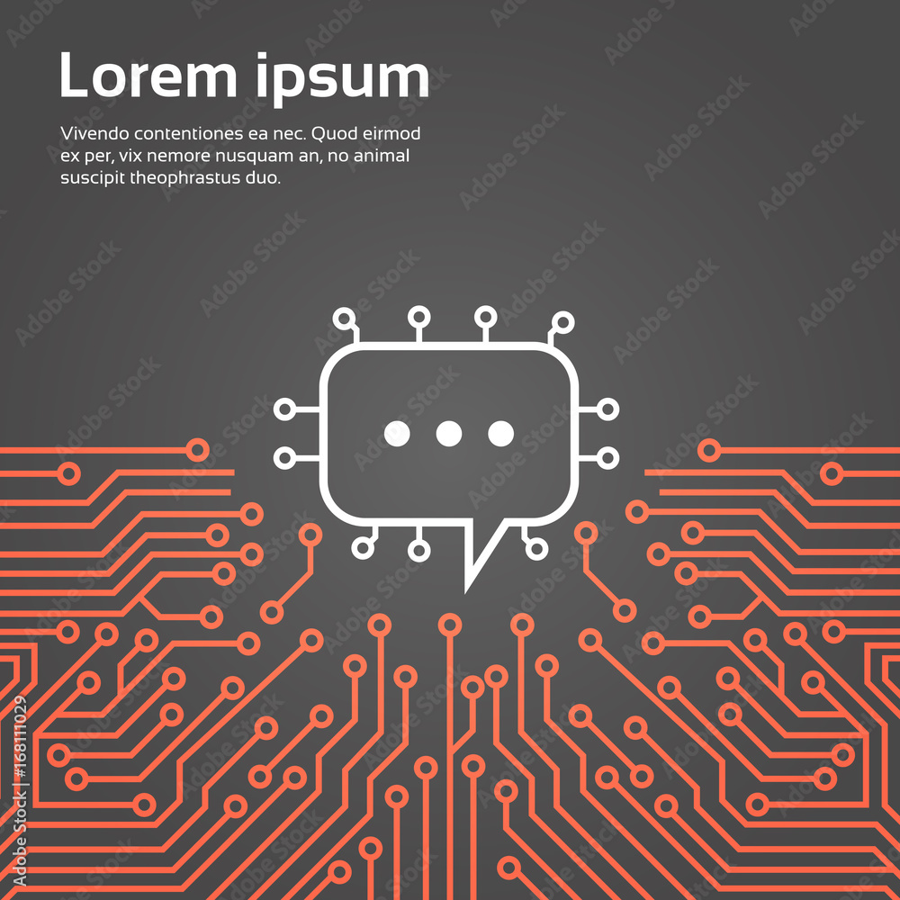 Poster chat bubble over computer chip moterboard background social media network data system concept banner