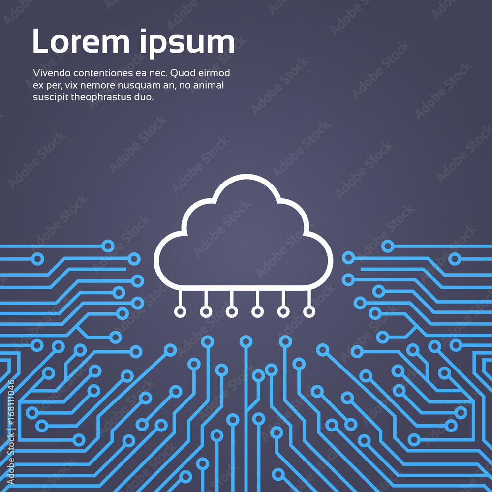 Poster cloud database over computer chip moterboard background data center system concept banner vector ill