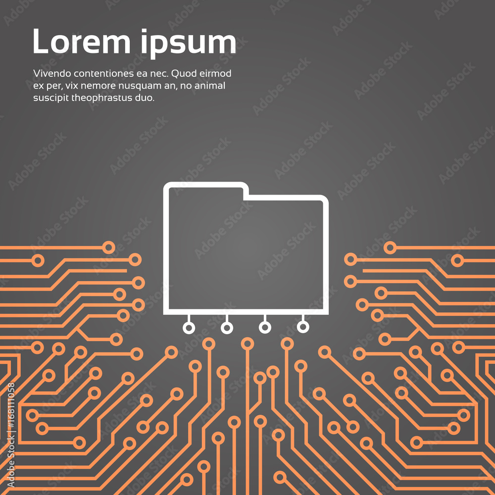 Poster database over computer chip moterboard background data center system concept banner vector illustrat