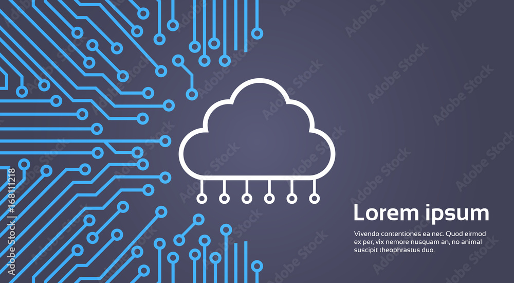 Poster cloud database over computer chip moterboard background data center system concept banner vector ill