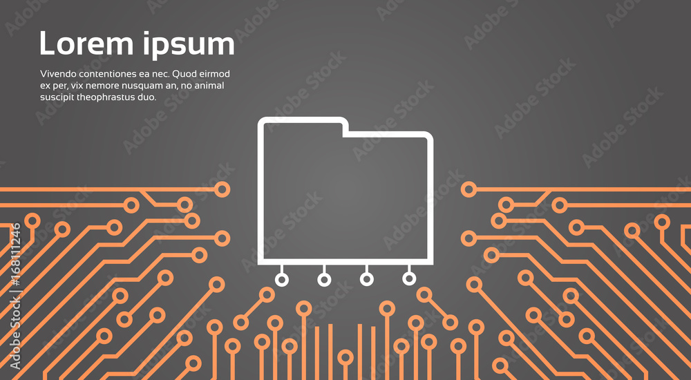 Poster database over computer chip moterboard background data center system concept banner vector illustrat
