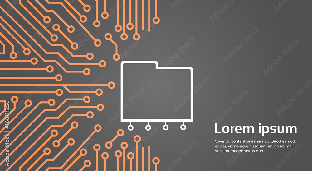 Poster database over computer chip moterboard background data center system concept banner vector illustrat