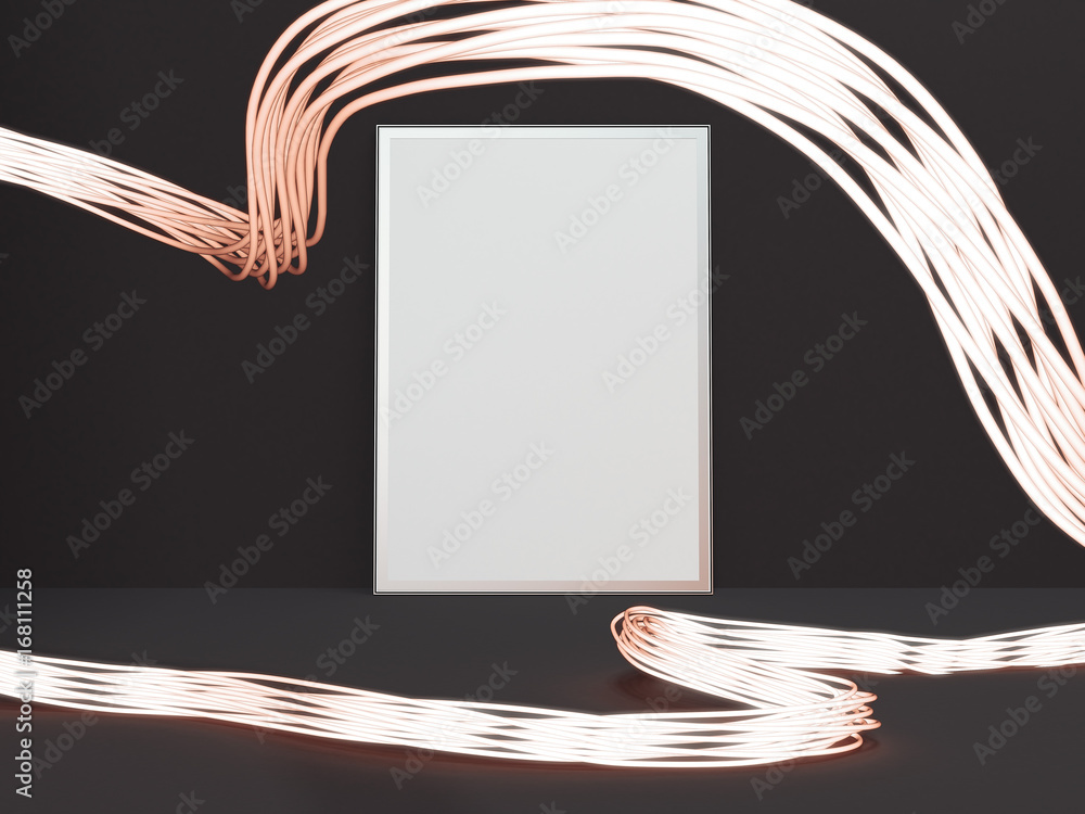 Poster lighting wire and canvas in dark interior. 3d rendering