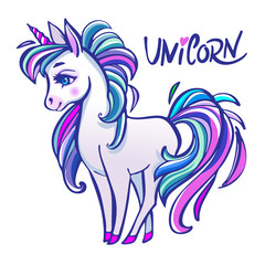 Unicorn head portrait vector illustration. Magic fantasy horse design for children t-shirt and bags. Unicorn with rainbow hair