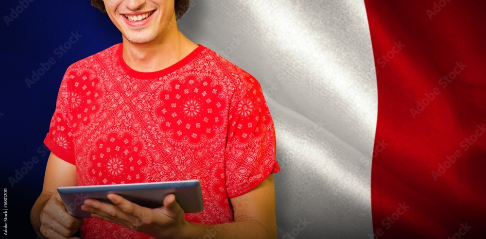 Poster composite image of smiling student with tablet