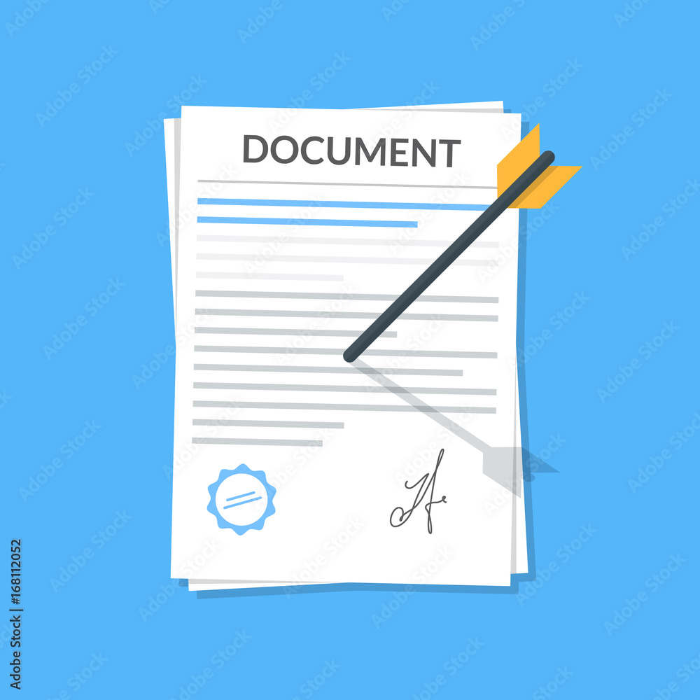Poster business document attached by an arrow to the wall. icon in the flat style of the attached file conc