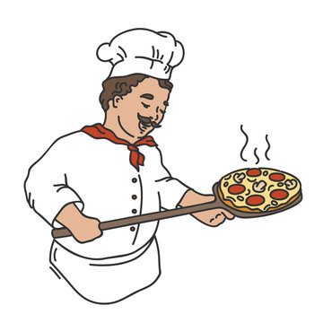 Italian chef (pizzaiolo) baking pizza. Vector Illustration. Hot Pizza just from the oven