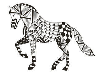 Horse zentangle stylized, vector, illustration, freehand pencil. Pattern. Zen art. Anti stress coloring books for kids and adults.