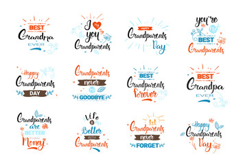 Happy Grandparents Day Greeting Card Banners Set Text Over White Background Vector Illustration
