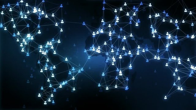 Social network connections. Connecting people on the internet, nodes transforming into the shape of a world map. Blue version. Available in multiple color options. 4K
